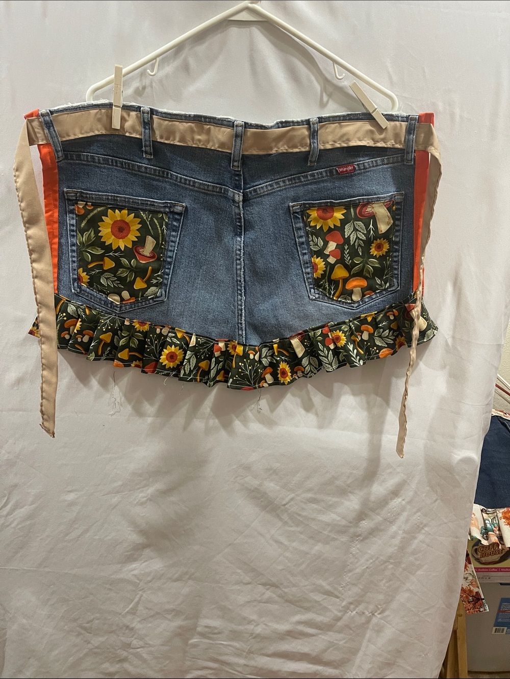 Denim Patchwork apron with Sunflower Print Trim - Women